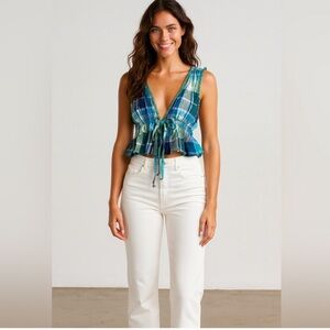 Aerie Blue/Green Plaid Crop Tank Top Peplum Tie Front LARGE Plunge Neckline